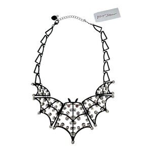Betsey Johnson Rhinestone Bat Statement Necklace Black Gothic Halloween
